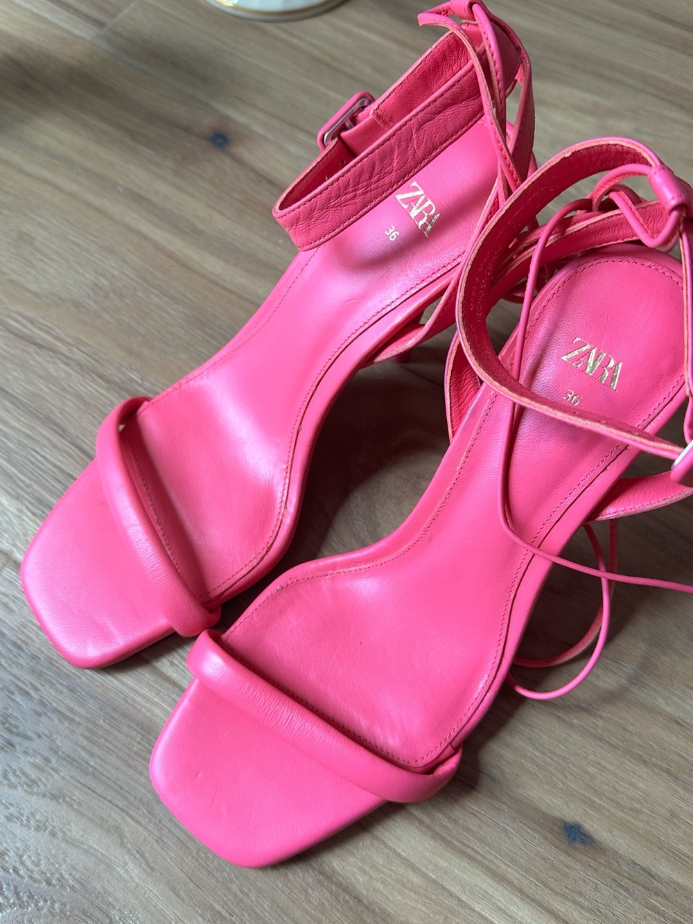 Zara Hot Pink Leather Strappy Ankle-Tie Heels
